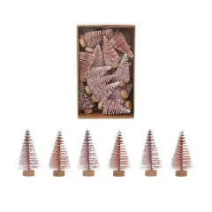Hello Honey&reg; 2" Pink & Rose Flocked Plastic Bottle Brush Trees with Wood Base & Snow Finish, 24ct.
