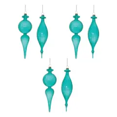 Blue Ribbed Glass Finial Drop Ornament Set