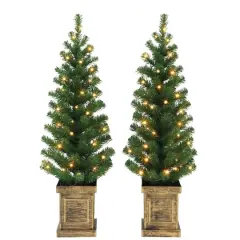 2 Pack 3.5ft. Pre-Lit Battery Operated Artificial Christmas Tree in Box Planter, Warm White LED Lights
