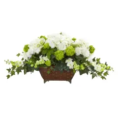 15.5" White Hydrangea & Ivy Arrangement in Metal Planter