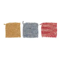 Hello Honey&reg; 8" M&eacute;lange Red, Blue & Yellow Square Crocheted Cotton Pot Holder Set