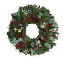 24" Eucalyptus & Pine Wreath with Berries and Pinecones