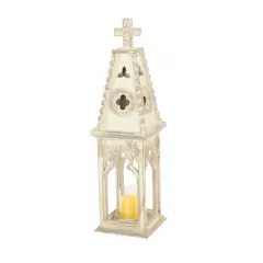 White Wood Vintage Candle Holder Lantern, 28" x 8" x 8"