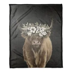 50" x 60" Highland Cow with Flower Crown Coral Fleece Blanket