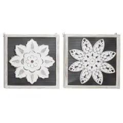Set of 2 White Wood Traditional Floral Wall Decor, 18" x 18"