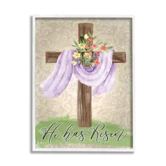 Stupell Industries He Has Risen Spring Floral Cross Brown Damask Pattern Framed Giclee Art White