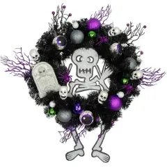 24'' Unlit Purple and Black Spooky Skeleton Pine Halloween Wreath