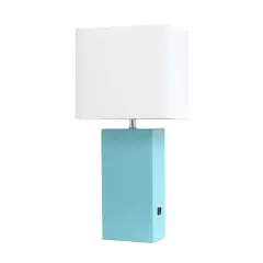 Lalia Home Lexington 21" Leather Table Lamp with USB Charging Port Aqua
