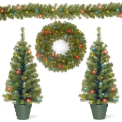 4-Piece Pre-Lit Artificial Christmas Garland, Wreath & Trees Set, Multicolor LED Lights