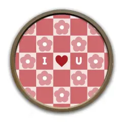 I Heart You Daisy Check Round Brown Framed Print