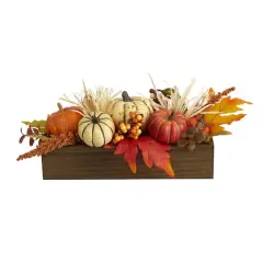 16" Harvest Pumpkin & Berries Arrangement in Wood Container