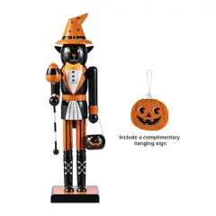 Glitzhome&reg; 18.5"H Halloween Wooden Black Cat Nutcracker with Pumpkin Ornament
