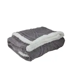 Gray & White Cable Knit Throw Blanket with Sherpa Backing