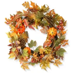 24'' Decorated Maple Leaf with Pumpkins Wreath