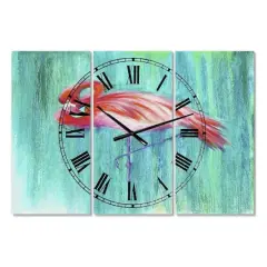 Designart Pink Flamingo In Blue Large Cottage 3 panel Wall Clock