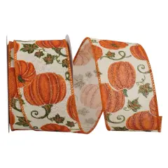 Reliant 2.5" x 10yd. Muslin Wired Leafy Pumpkin Sparkle Ribbon