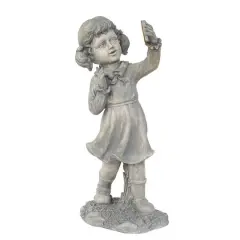 18" Distressed Gray Girl with Cell Phone Solar Powered LED Outdoor Garden Statue