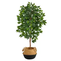 4ft. Ficus Artificial Tree in Boho Chic Handmade Cotton & Jute Black Woven Planter