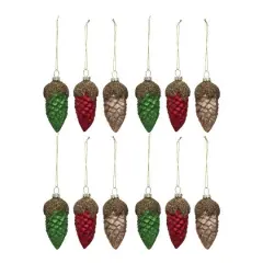 Hello Honey&reg; 12 Pack 3.5" Red, Green & Gold Round Glass Pinecone Ornaments with Glitter