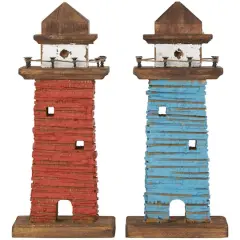 10" Red & Blue Wood Light Housee Sculpture Set