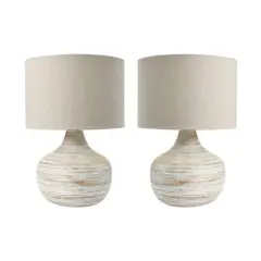 Hello Honey&reg; 21.5" White Wash Finish Boho Bamboo Table Lamp with Linen Shade Set