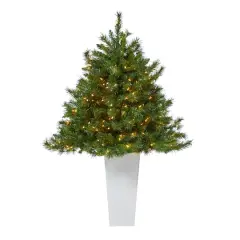 4.5ft. Pre-Lit Wyoming Mixed Pine Artificial Christmas Tree in White Tower Planter, Clear Lights
