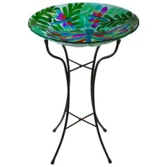 18'' Colorful Dragonfly with Green Leaves Hand Painted Glass Birdbath