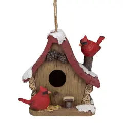 7" Brown & Red Christmas Birdhouse with Cardinals