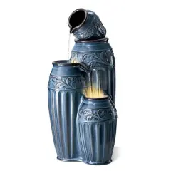 Glitzhome&reg; 35.5" 4-Tier LED Turquoise Embossed Ceramic Pots Outdoor Floor Fountain