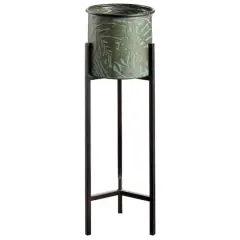 24.7" Tropical Leaf Metal Planter With Stand & Plastic Liner 
