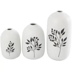 White Ceramic Vase with Black Leaf & Berry Prints Set