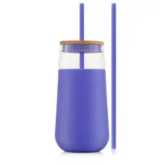 JoyJolt&reg; 20oz. Glass Tumbler with Straws & Silicone Sleeve Purple
