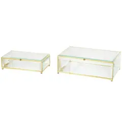 Clear & Gold Beveled Glass & Metal Rectangle Footed Jewelry Box with Chain Accent Set