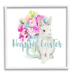 Stupell Industries Happy Easter Calligraphy Bunny Pink Flower Bouquet Framed Giclee Art White