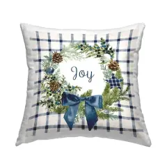 Stupell Industries Holiday Tartan Joy Phrase Pinecone Wreath Throw Pillow