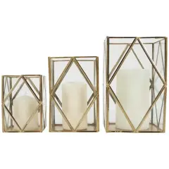CosmoLiving by Cosmopolitan Gold Metal & Clear Glass Diamond Rectangular Candle Lantern Set