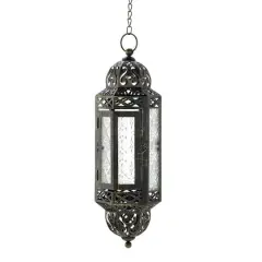 13" Antique Victorian Black Filigree Embellished Hanging Candle Lantern