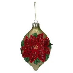 6.5" Glitter Red & Gold Poinsettia Glass Finial Christmas Ornament