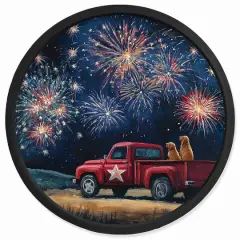 20" Goldens Watching Fireworks Round Framed Print Black