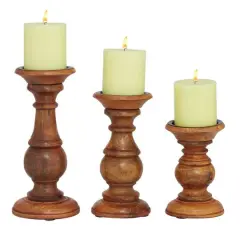 Mango Wood Traditional Candle Holder Set Brown