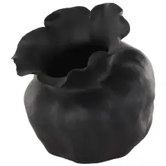 12.75" Black Ceramic Abstract Wide Rounded Floral Shaped Decorative Vase with Petal Rim