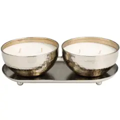 White Wax Vanilla Marshmallow Scented Candle Set with Silver Hammered Containers and Oval Holding Tray