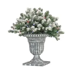 24" Feel Real&reg; Snowy Sheffield Spruce Porch Bush in Silver Brushed Plastic Urn