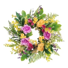 24" Pink, Orange & Yellow Spring Peony & Winter Jasmine Floral Wreath