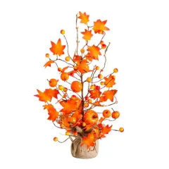 18in. Pre-Lit Artificial Maple Tree with Pumpkin Ornaments and 30 LED String Lights in Burlap Wrapped Base