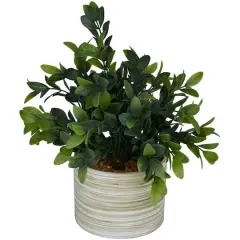 11" Green Faux Foliage Eucalyptus Artificial Plant with Patterned Porcelain Pot