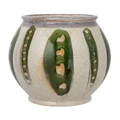 Hello Honey&reg; 11.25" Green & Cream Round Hand-Painted Stoneware Planter