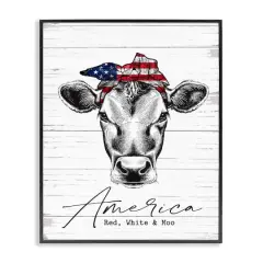 Stupell Industries Americana Cow Red White and Moo Country Farm Quote Framed Giclee Art Black