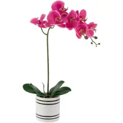 24" Real Touch&trade; Pink Orchid in a Striped Ceramic Pot