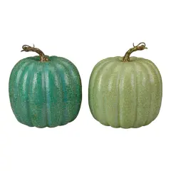7" Green Glittered Fall Harvest Tabletop Pumpkin Set